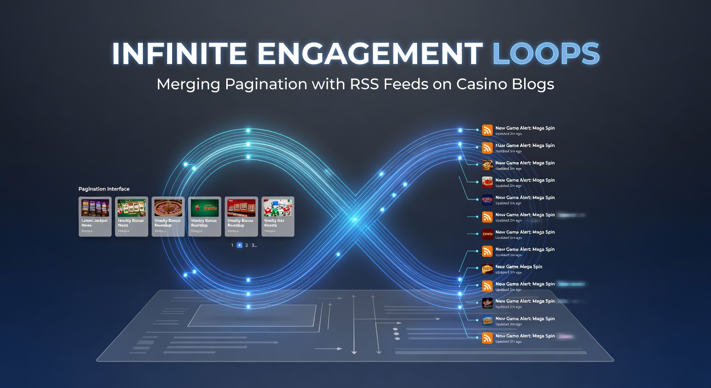 Diagramm illustriert den Datenfluss von Pagination zu RSS-Feeds, mit Pfeilen die eine Schleife bilden und Casino-Blog-Icons einbeziehen