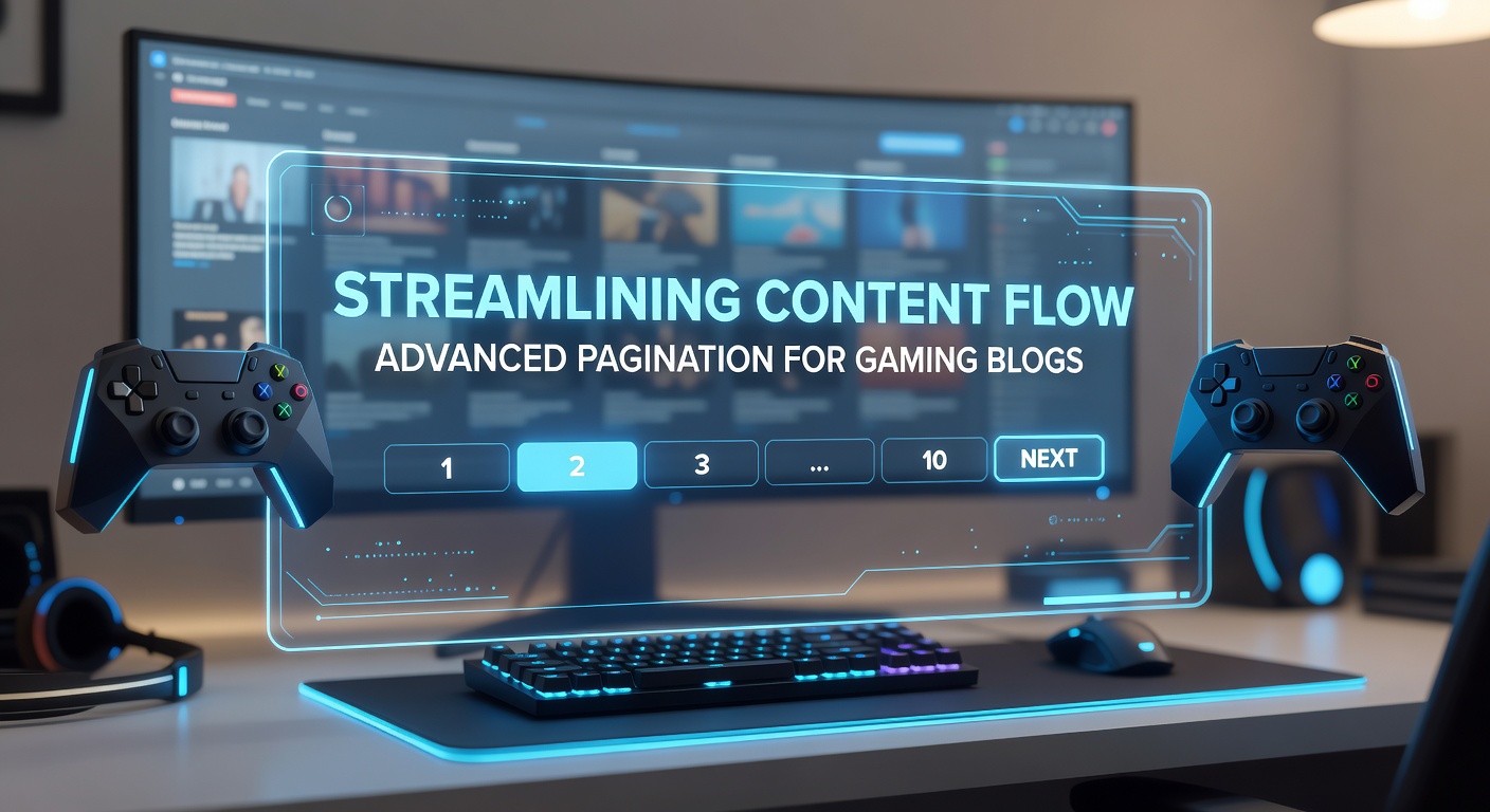 Visuelle Darstellung einer modernen Pagination-Schnittstelle auf einem Gaming-Blog, die nahtlos durch Artikel navigiert und den Lesefluss optimiert